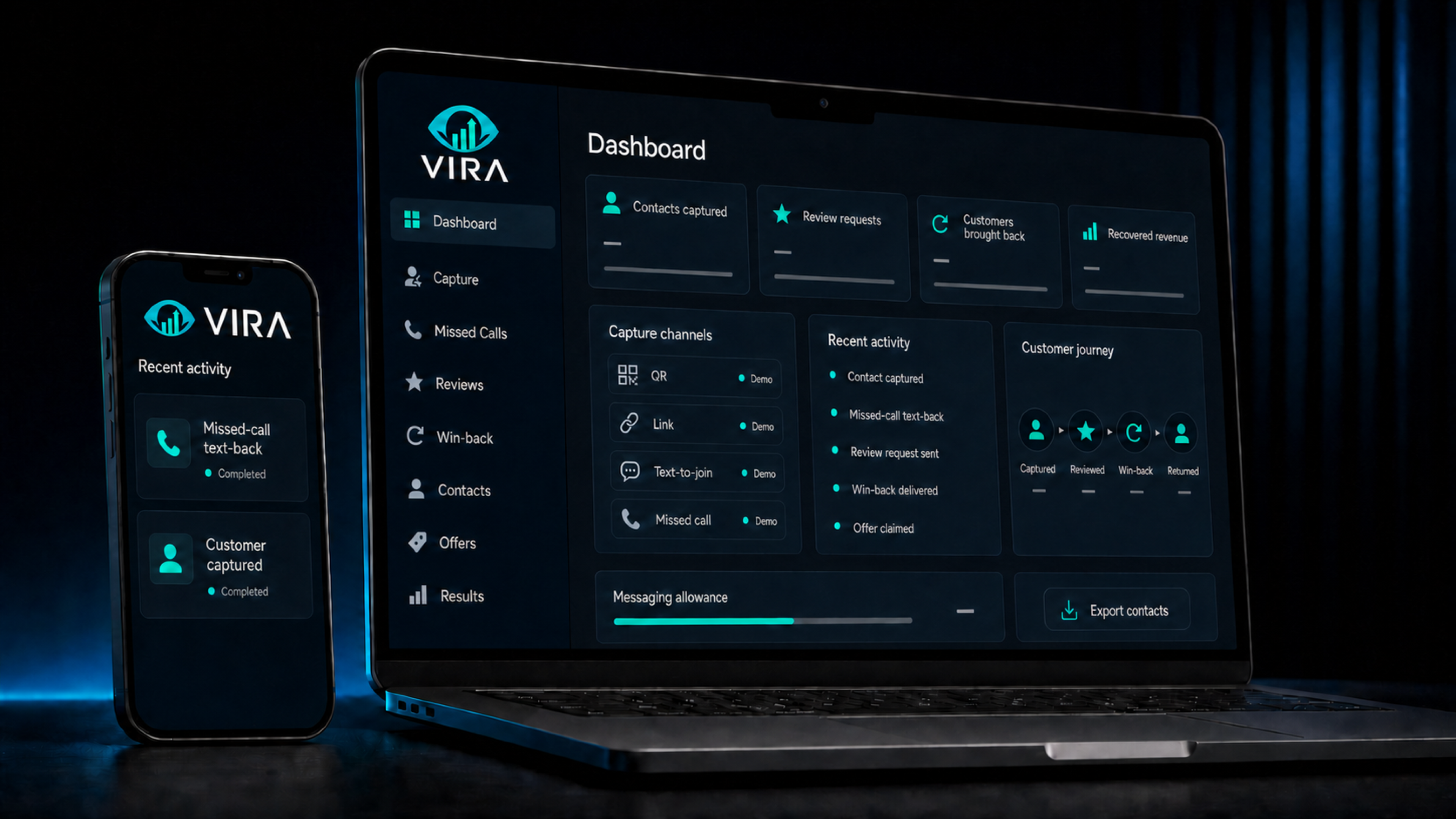 VIRA dashboard on a laptop and phone showing capture, reviews, win-back and recovered revenue